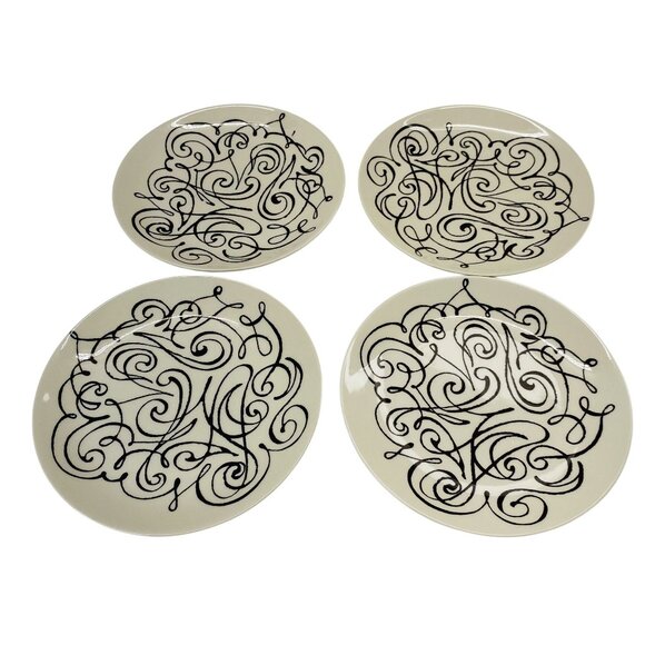 Crate & Barrel Set Of 4 Black & White Swirl Design Salad Plates 8.5" Elvis Swift - Picture 1 of 8